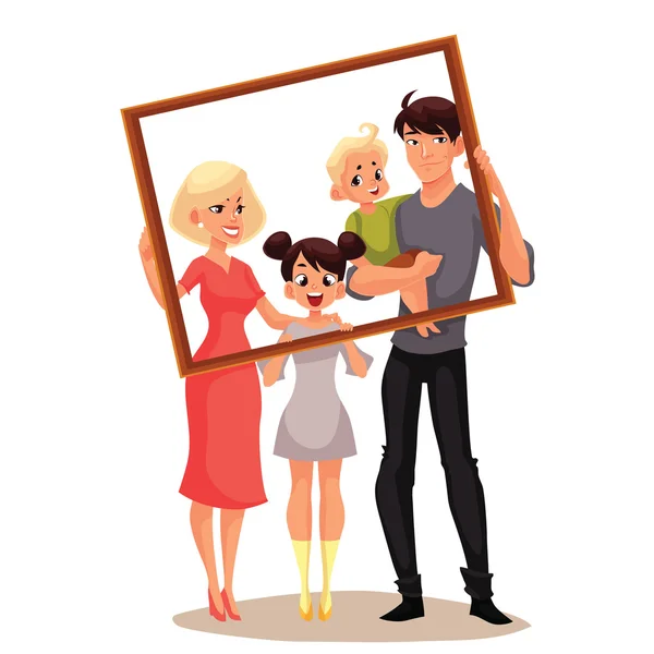 Portrait of happy family holding frame