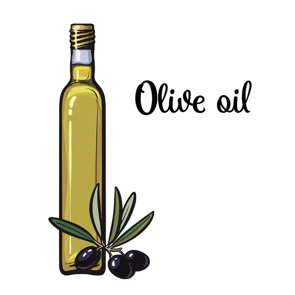 Bouteille d'huile d'olive aux olives noires — Image vectorielle
