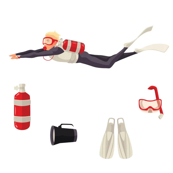 Cartoon scuba diver and diving equipment — Stock Photo, Image