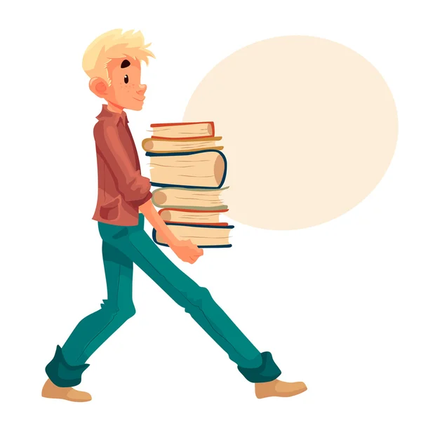 Blonde jongen met een stapel boeken — Stockvector