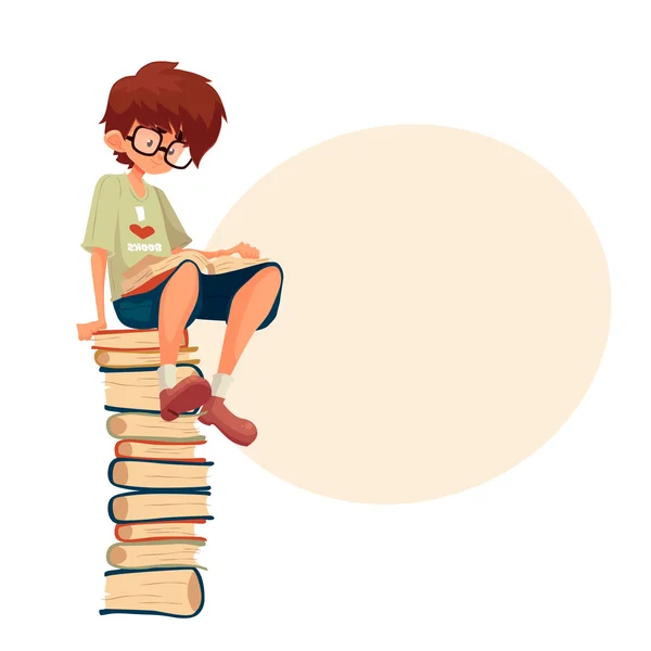 Boy in glasses sitting on pile of books and reading — Stock Vector