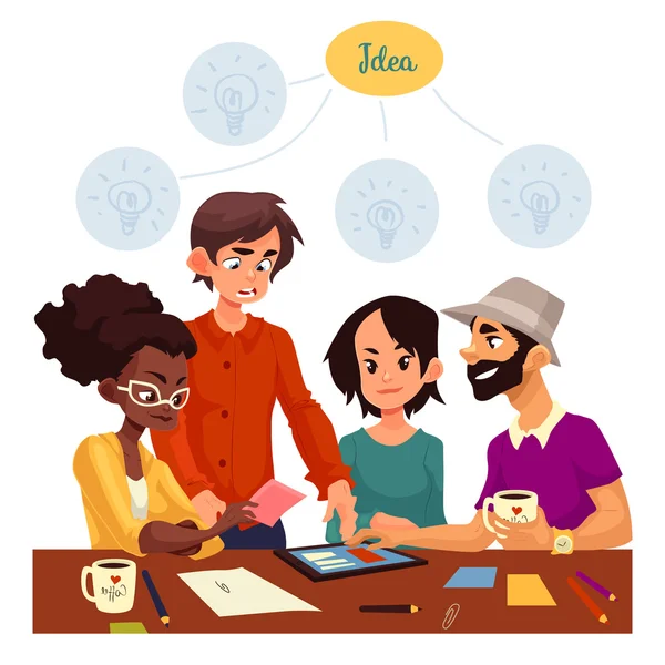 Groupe multiethnique de jeunes créateurs brainstorming idées dans le bureau — Image vectorielle