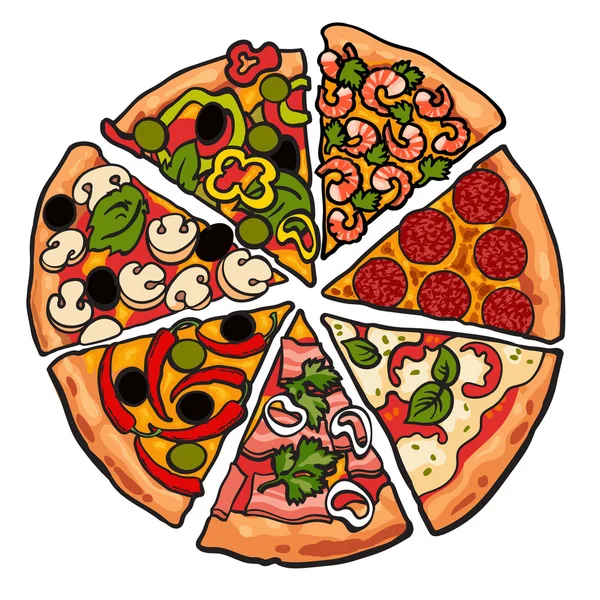 Zestaw różnych sztuk pizzy na białym tle — Zdjęcie stockowe