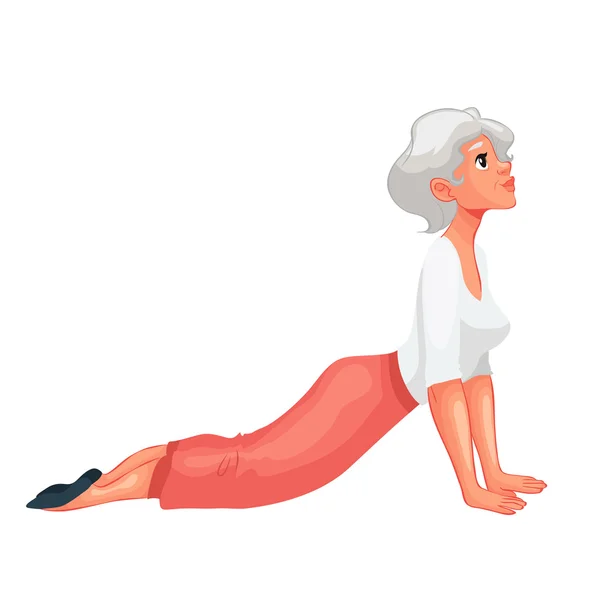 Vacker äldre kvinna i olika poser av yoga — Stock vektor