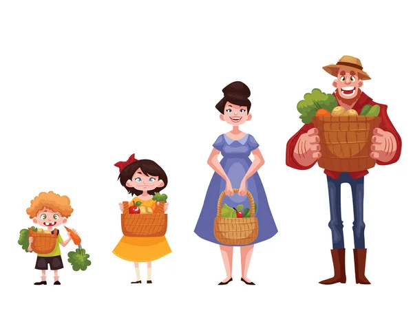 Hombre, mujer, niño, niña sosteniendo cestas de frutas y verduras — Archivo Imágenes Vectoriales