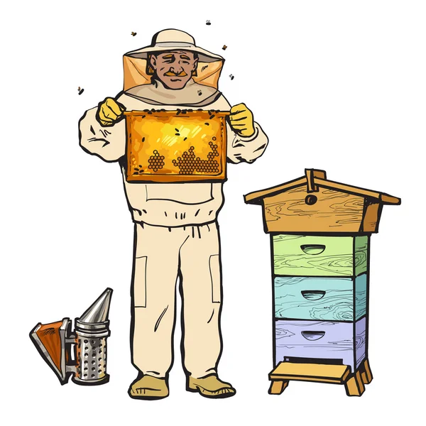 Apiculteur en équipement de protection tenant nid d'abeille et fumeur — Image vectorielle