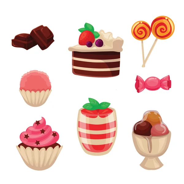 Uppsättning av sötsaker, kakor, muffins, godis, choklad och glass — Stock vektor