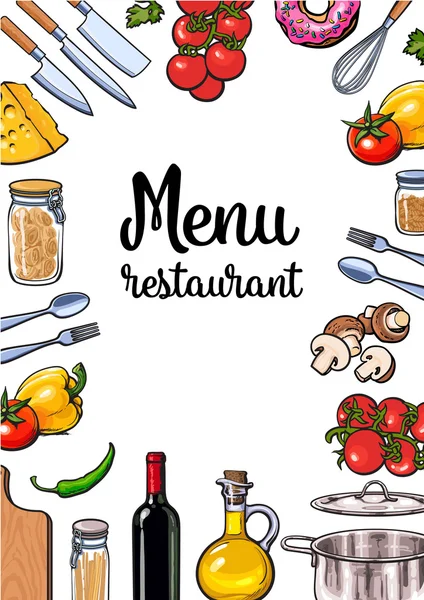 Овощные, кухонные принадлежности сыр и макароны итальянская кухня дизайн меню — стоковое фото