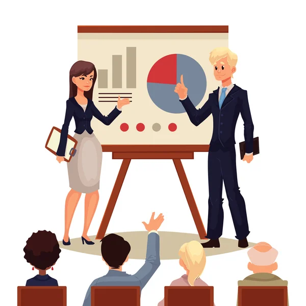 Affärsmannen och affärskvinna ger presentation med en styrelse — Stockfoto