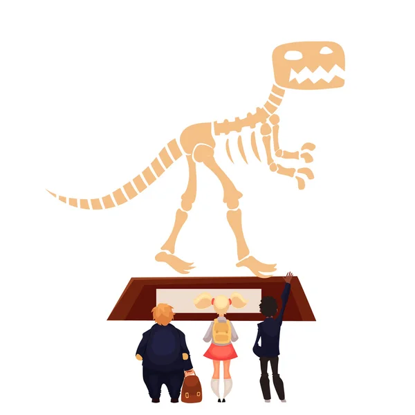 Niños en el museo mirando esqueleto de dinosaurio — Archivo Imágenes Vectoriales