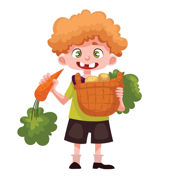 Boy holding baskets of fruits and vegetable — Stock Vector