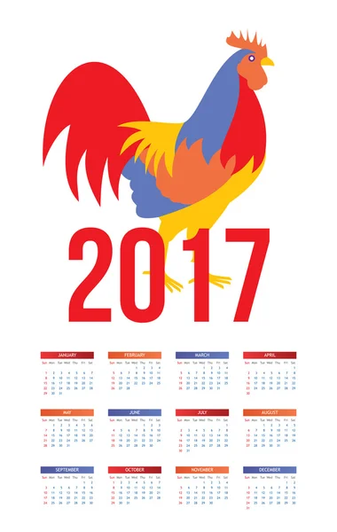 Colorful 2017 calendar with rooster - symbol of the year — Stock Vector