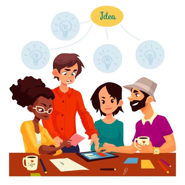 Groupe multiethnique de jeunes créateurs brainstorming idées dans le bureau — Image vectorielle