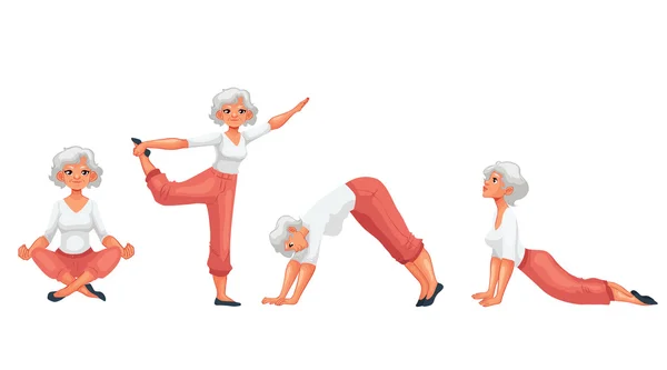 Set met mooie senior vrouw in verschillende houdingen van yoga — Stockvector