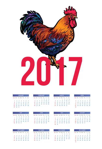 Calendrier 2017 coloré avec coq - symbole de l'année — Image vectorielle