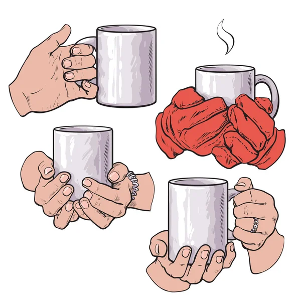 Set di mani femminili che tengono una tazza con bevanda calda — Vettoriale Stock