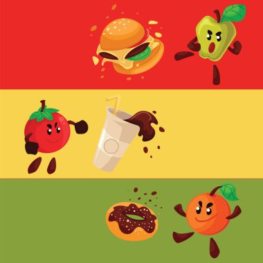 Apple, orange, tomato fighting burger, donut, coke clipart