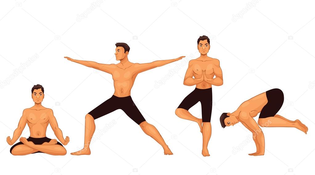 Set with handsome young man in various poses of yoga
