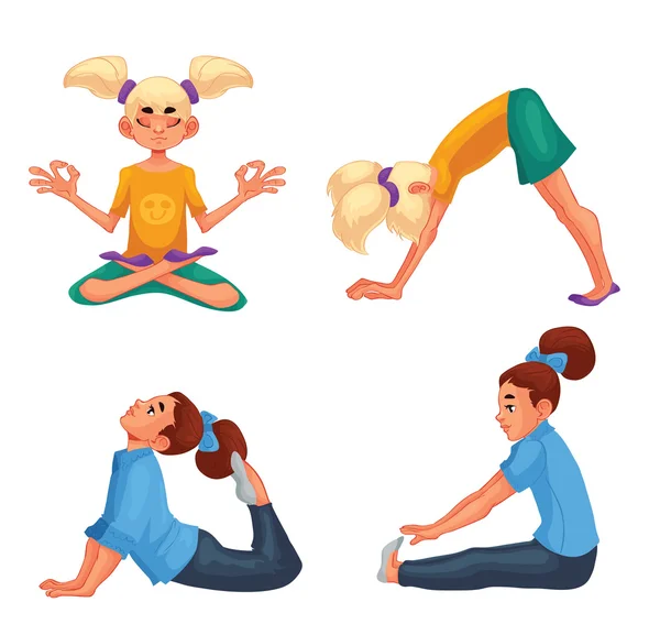 Set mit blonden und braunen Mädchen beim Yoga — Stockvektor