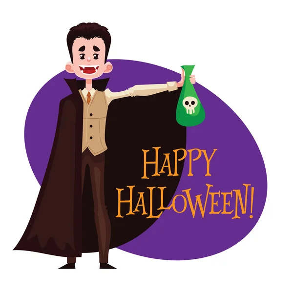 Niño feliz vestido como Drácula para Halloween — Vector de stock