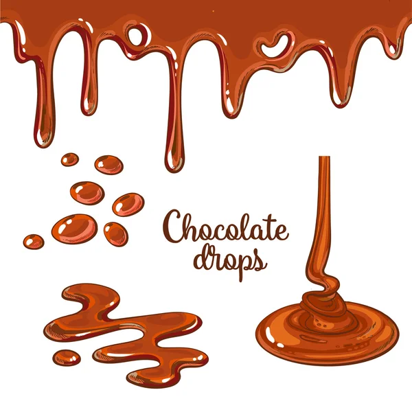 Ensemble de gouttes et de taches de chocolat isolé sur fond blanc — Image vectorielle