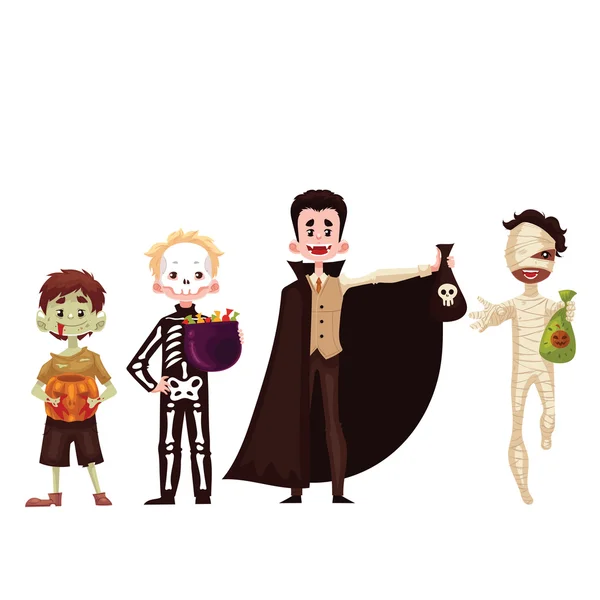 スケルトン、ミイラ、ゾンビ、ハロウィーンのための吸血鬼の衣装を着た男の子 — ストックベクタ