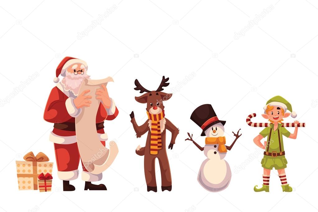 Set of Santa Claus, reindeer, snowman and elf