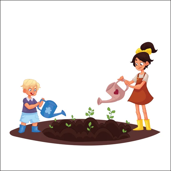 Barn vattna växter i trädgården — Stockfoto