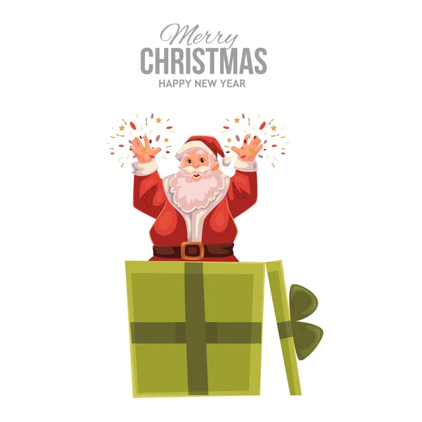 Greeting card with cartoon Santa Claus popping out of box — Stock Vector