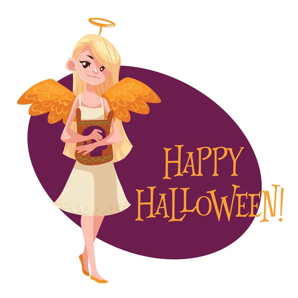 Chica feliz vestida de ángel para Halloween — Vector de stock