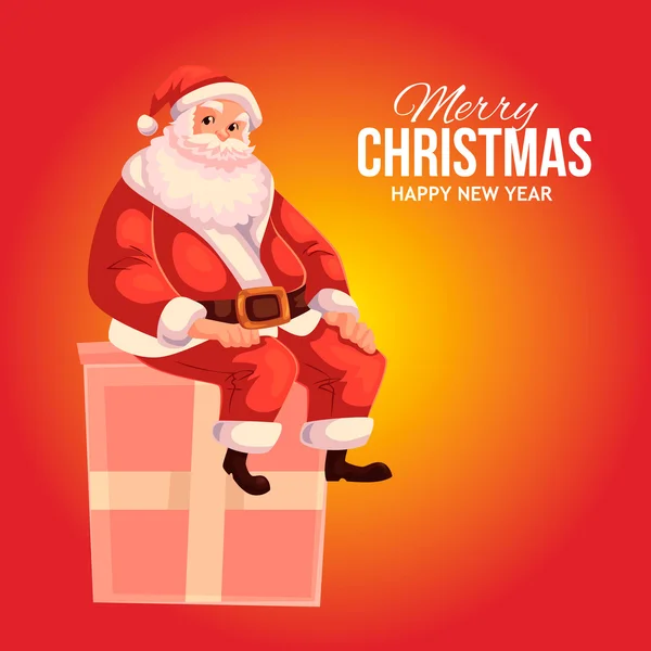 Tarjeta de felicitación con dibujos animados Santa Claus sentado en una caja — Vector de stock