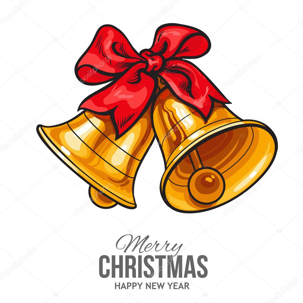 Golden bells with a red bow, Christmas greeting card
