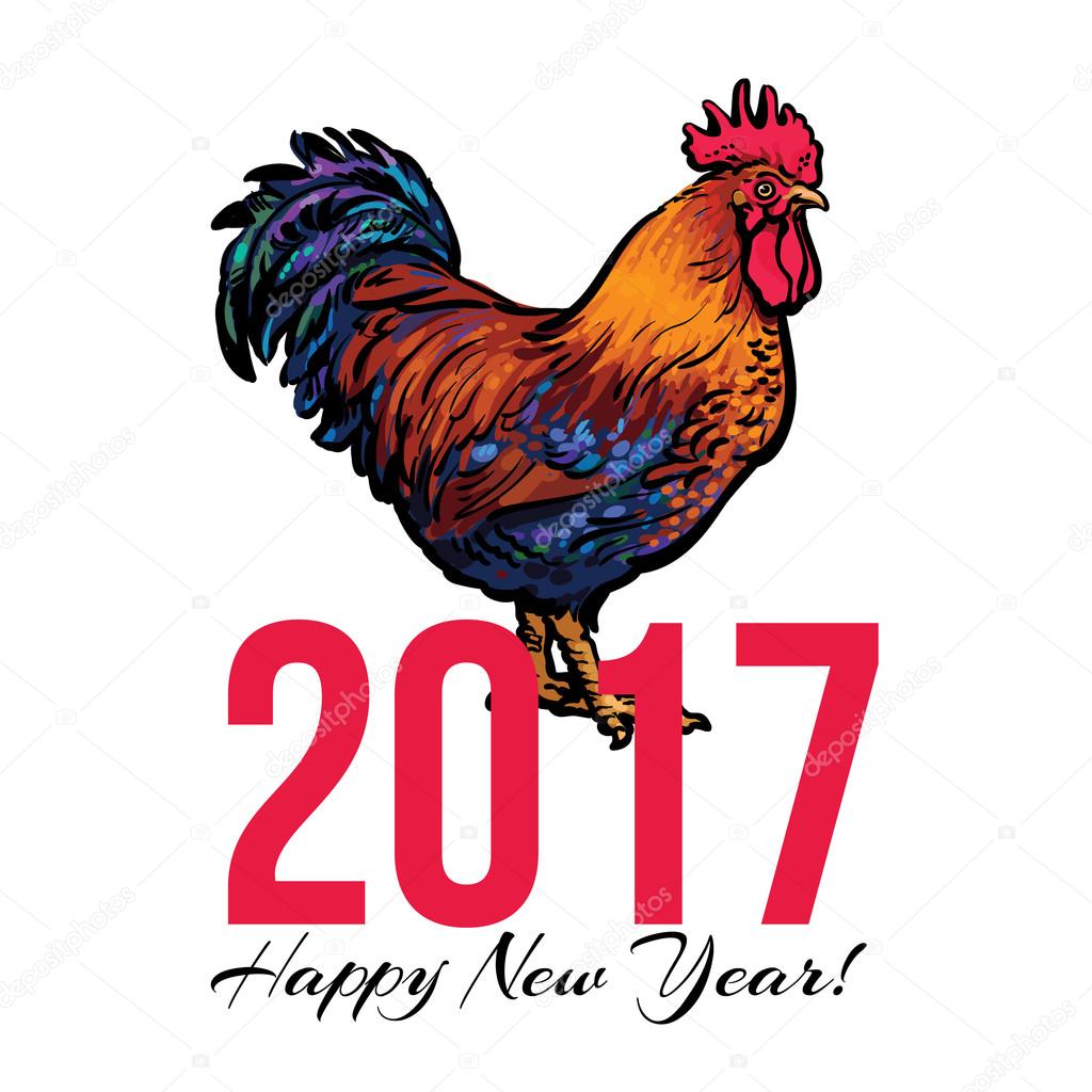 Cartolina d auguri di capodanno colorato 2017 con gallo simbolo dell anno illustrazione isolato su priorit  bassa bianca Disegno di cartolina d auguri