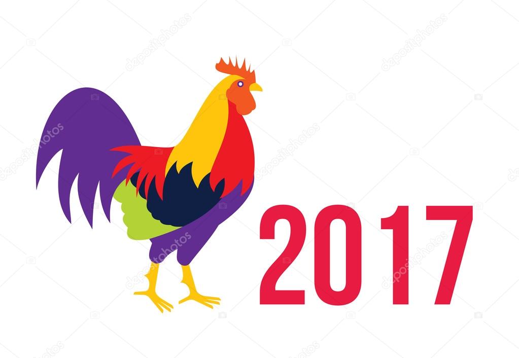 Colorful 2017 New Year greeting card with rooster