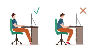 Ofis sandalyesinde oturan kişinin doğru ve yanlış duruşu bir vektör illüstrasyonu