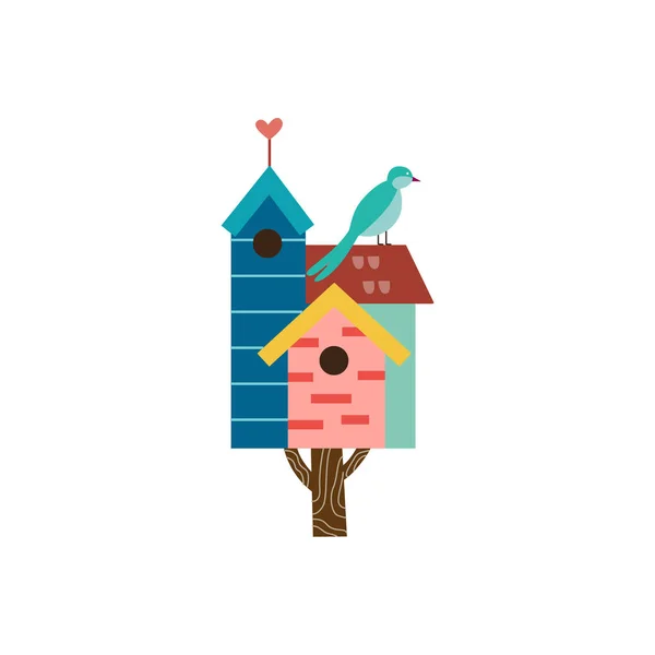 Schattig voorjaar vogelhuisje op boom met kleine vogel platte vector illustratie geïsoleerd. — Stockvector