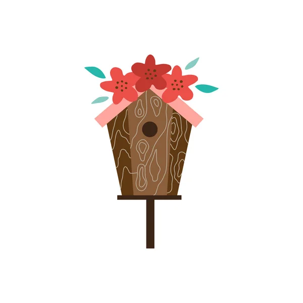 Casa de pájaros de jardín de madera con flores en el techo, ilustración vectorial plana aislada. — Vector de stock