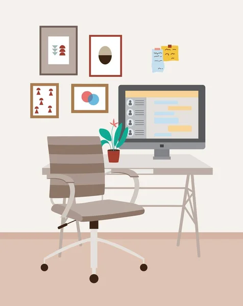 Lugar de trabajo con una silla de oficina, escritorio y monitor una ilustración plana vectorial — Vector de stock