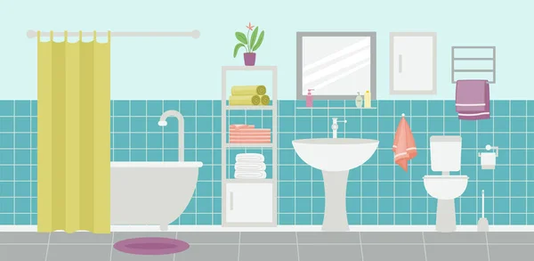 Уборка элегантной ванной или туалетной комнаты интерьера плоской векторной иллюстрации. — стоковый вектор