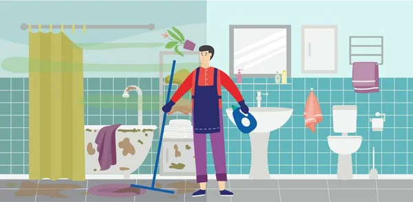 Impresa di pulizia lavoratore in sporca disordinato bagno piatto vettoriale illustrazione. — Vettoriale Stock