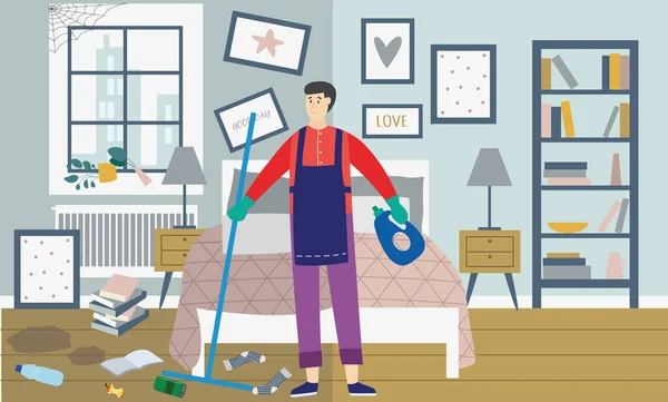 Прибиральник людини прибирає безлад і бруд у спальні Векторні плоскі ілюстрації — стоковий вектор