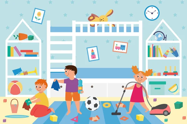Baner z dziećmi sprzątanie brudne dzieci pokój zabaw ilustracja wektor — Wektor stockowy
