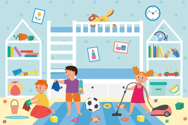 Banner con niños limpiando niños sucios sala de juegos una ilustración vectorial — Archivo Imágenes Vectoriales