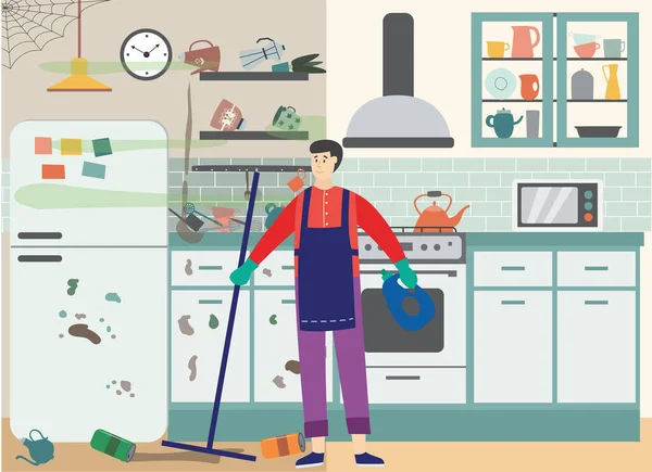 Le nettoyeur masculin nettoie le désordre et les ordures dans la cuisine une illustration vectorielle plate — Image vectorielle