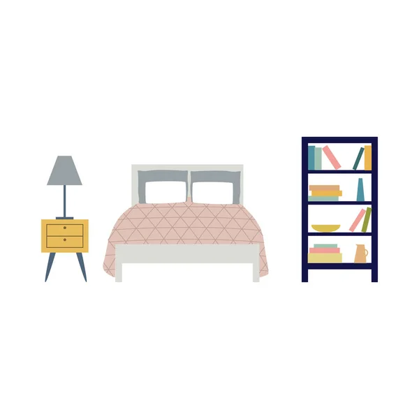 Bedroom furniture cartoon icons set with bed flat vector illustration isolated. — Stock Vector