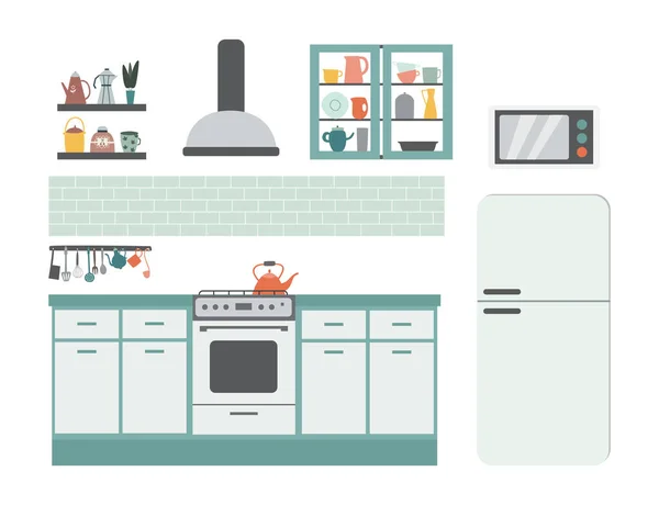 Interior de la cocina limpia en colores claros vector plano ilustración aislado. — Vector de stock