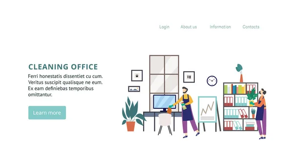 Illustration des Büroinnenraums mit professionellen Reinigern als Landing-Page-Vorlage — Stockvektor
