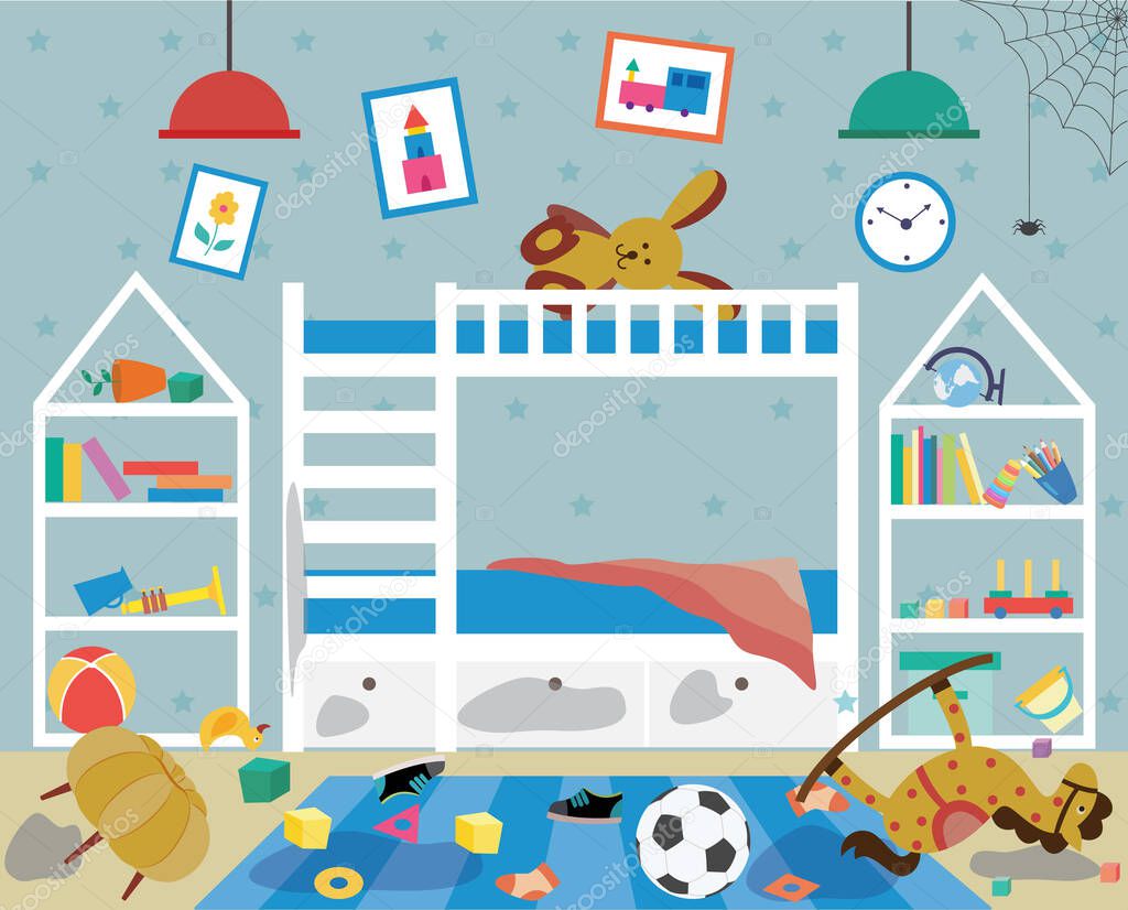 Dirty messy childrens room with scattered things flat vector illustration.