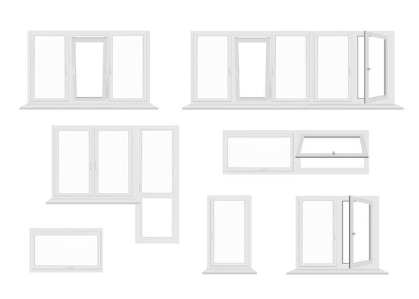 House windows and balcony frames set of realistic vector illustration isolated.