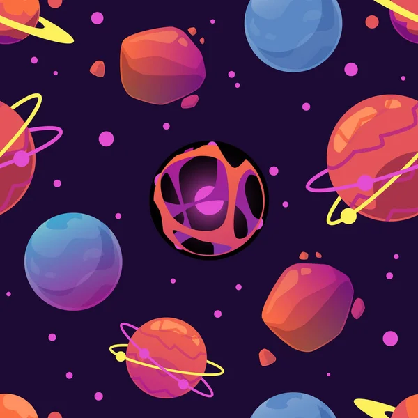 Seamless bright colorful pattern with space planets flat vector illustration. — Stock Vector